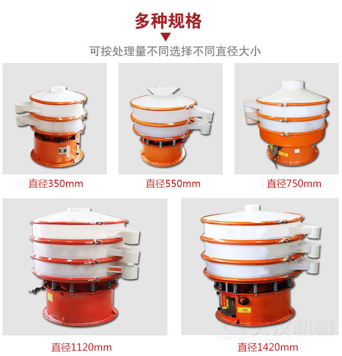 塑料振動篩不同篩分直徑進行展示：350，550，750，1120，1420等。
