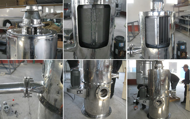 小型立式氣流篩細節：立式氣流篩篩網，立式氣流篩出料口，立式氣流篩電機。