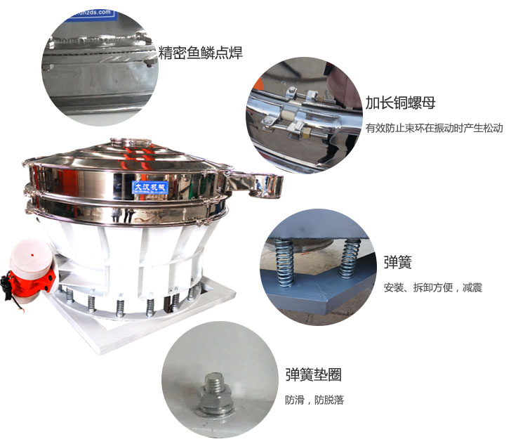1500直排篩細節展示：彈簧，彈簧墊圈，加長銅螺母。