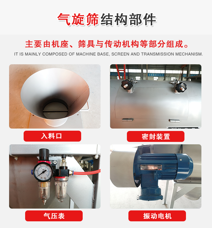 氣旋篩結(jié)構(gòu)：入料口，密封裝置，電機，氣壓表等