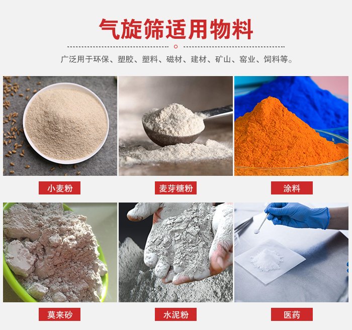 氣旋篩適用物料：小麥粉，麥芽糖粉，涂料，等粉狀物料。